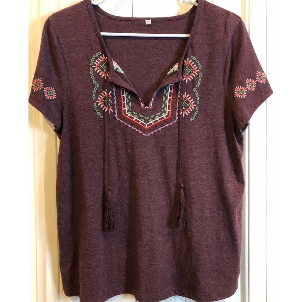 Women's Small Burgundy Embroidered Boho Tunic Top Tassel Tie V Neck Short Sleeve